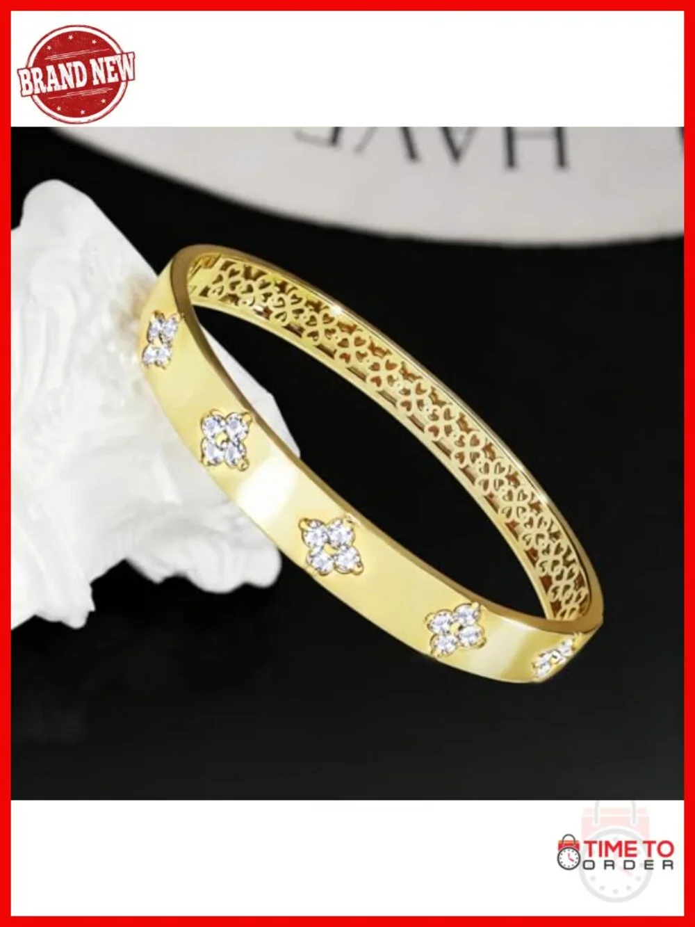 14K Gold Plated Moissanite Clover Bangle Bracelet, D Color VVS1